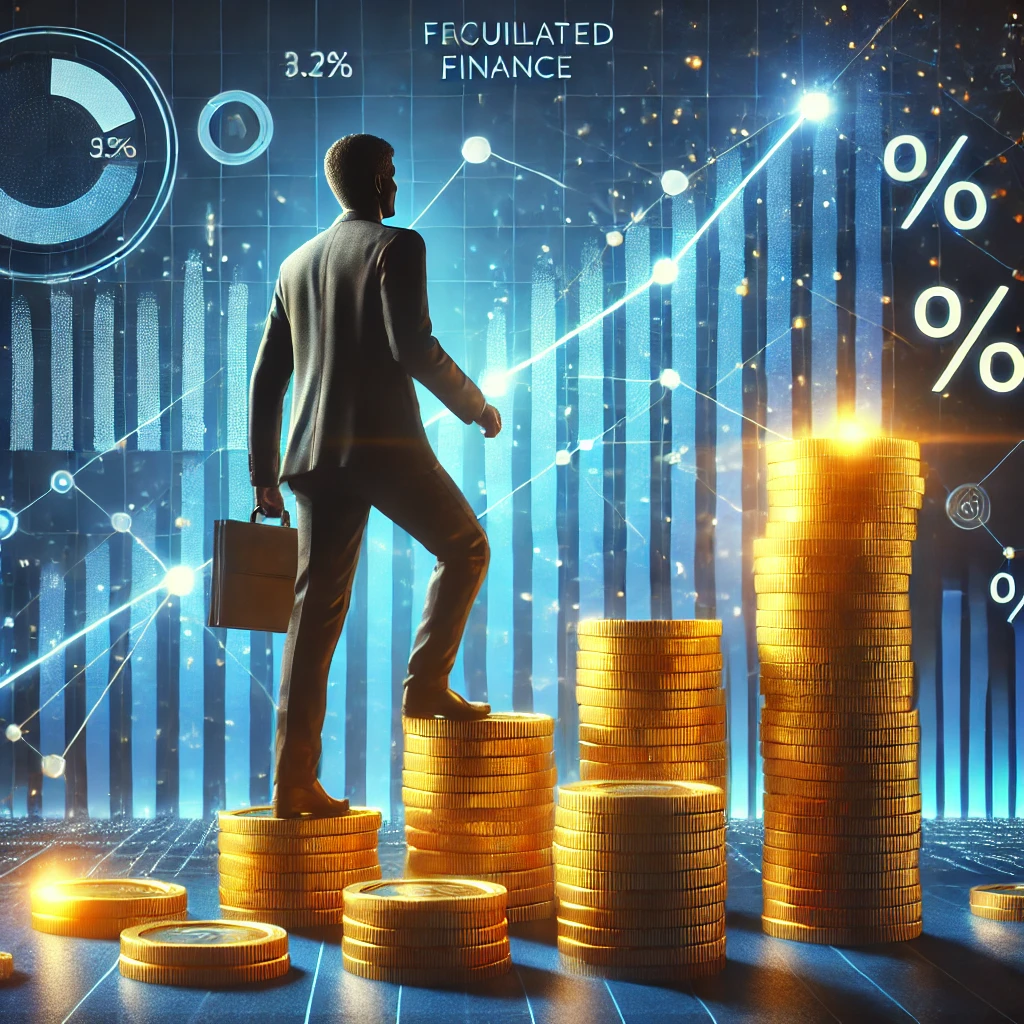 DALL·E 2025-03-04 11.22.50 - A conceptual illustration of facilitated finance. A businessman in a suit climbs a staircase made of coins, leading to a glowing financial graph in th