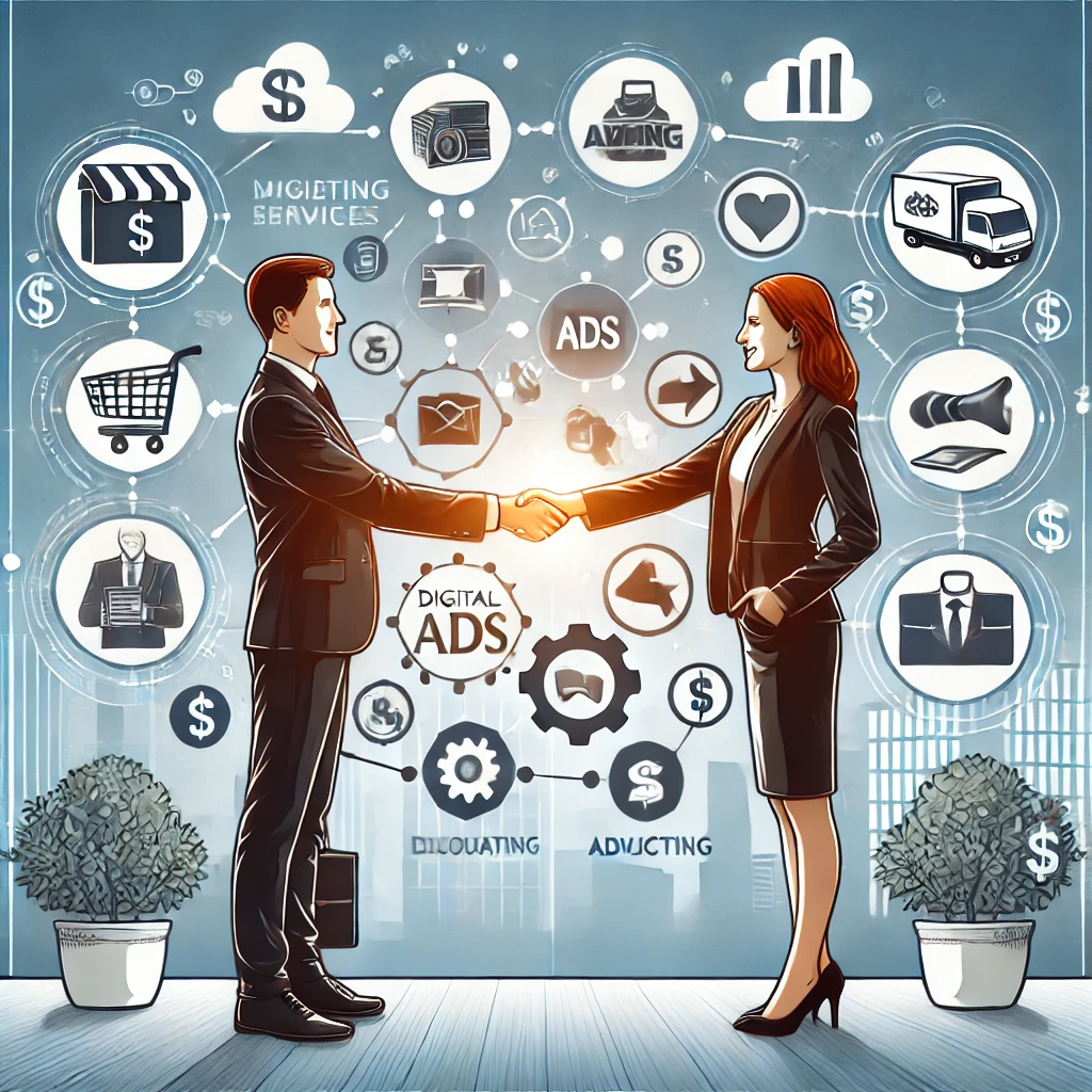 DALL·E 2025-03-05 16.58.20 - An illustration of a business barter exchange concept. Two businesspeople shake hands while exchanging goods and services, symbolized by product icons