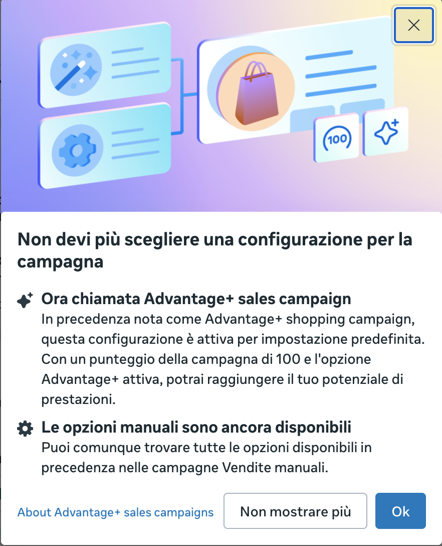 nuovo avviso advantage+ sales